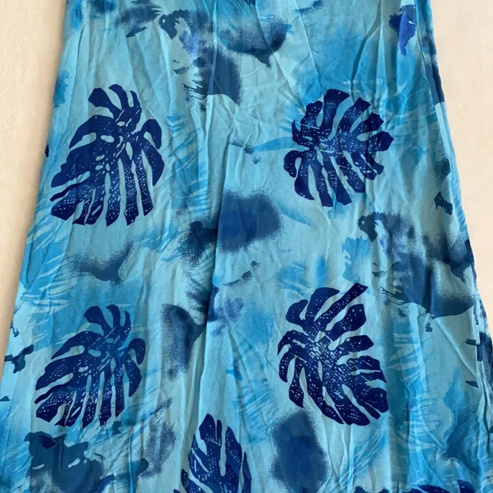 {VTG} Desert Shores | Tropical Palm Tree Leaf Print Short Sleeve Midi Dress Blue - Picture 13 of 15